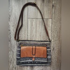 Fossil Brown Leather, Gray White Striped Canvas Crossbody Bag